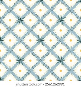 Vintage Retro Daisy 70s Modern Geometric seamless pattern white floral daisy flowers texture background. Trendy chamomile blossom print