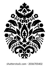 Vintage or retro damask floral design, isolated ornaments with blooming flowers and foliage. Traditional elegant baroque or classical motif. Monochrome outline, black silhouette, vector in flat style