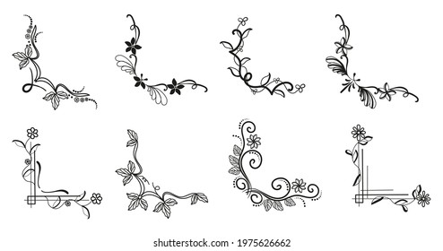 Vintage retro decorative floral corners. Thin line art style border, frame kit collection for wedding, card, poster, books etc. Linear corners with flowers, leaves and flourishes. Vector illustration