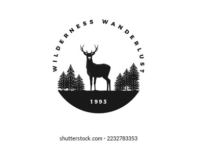 Vintage Retro Deer Antler with Pine Cedar Evergreen Conifer Cypress Larch Fir Trees Forest for Wanderlust Wilderness Outdoor Adventure Logo