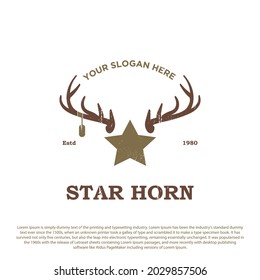 Vintage retro deer horn logo. Horn with star vector premium 