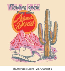 vintage retro desert artwork. cowboy prints. Arizona desert forever. desert print design. hand drawn sketch for. girls graphic design. cowgirl t shirt design.