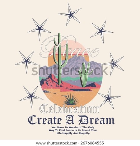 Vintage retro desert artwork featuring large cactus plants, mountain landscape, sunset background, Hand-drawn textured illustration in western desert style, perfect for T-shirt design, posters