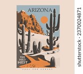 Vintage retro desert mountain in vector art, Arizona desert vibes graphic print for fashion and others. Arizona desert graphic print artwork for apparel, t shirt, sticker, poster, wallpaper