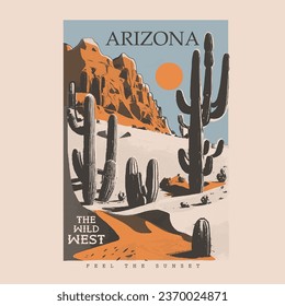 Vintage retro desert mountain in vector art, Arizona desert vibes graphic print for fashion and others. Arizona desert graphic print artwork for apparel, t shirt, sticker, poster, wallpaper