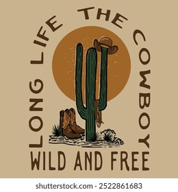 vintage and retro design of cactus tree and cowboy hat and cowboy shoes