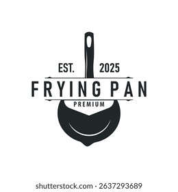 vintage retro design cooking logo concept with black silhouette frying pan simple template restaurant brand logo, cafe, bar
