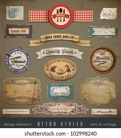 Vintage And Retro Design Elements. Useful design elements: old papers, labels in retro and vintage style. Vector Illustration.