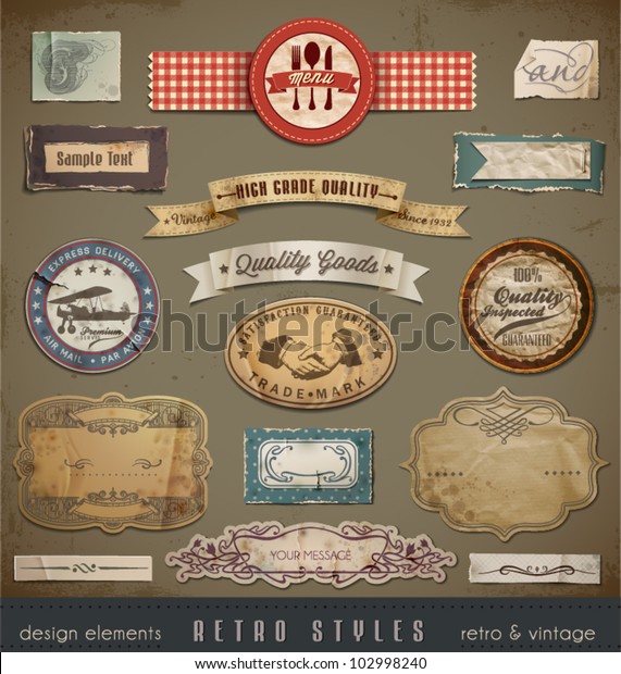Vintage And Retro Design Elements. Useful\
design elements: old papers, labels in retro and vintage style.\
Vector Illustration.