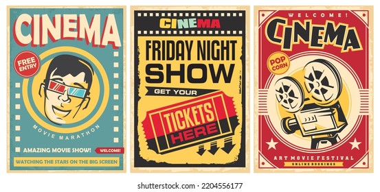 Vintage retro design with old cinema movie posters. Vector illustration.
