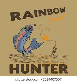 vintage and retro design of a person fishing for rainbow trout in a lake