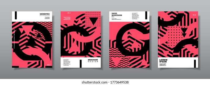 Vintage Retro Design Vektorgrafik-Set. Geometrische Zusammensetzungen nach schweizerischem Muster für Buchumschläge, Plakate, Flyer, Zeitschriften, Geschäftsjahresberichte
