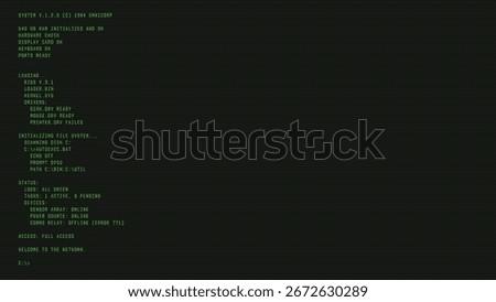 A vintage retro digital vector graphic overlay. Old green CRT screen overlay with system startup text. Green retro text on black screen. 80's retro display overlay.