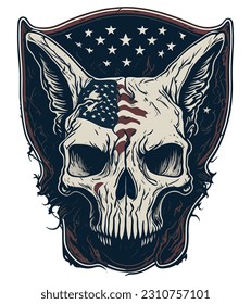 Vintage retro distressed American flag badge design featuring a Feline Skull contour
