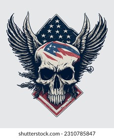 Vintage retro distressed american flag badge design featuring a Bird Skull contour sticker and vector art