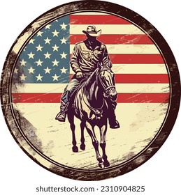 vintage retro distressed American flag badge design featuring a cowboy contour, clear outline, and white background 