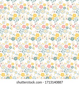 Vintage Retro Ditsy Daisy and Foliage Seamless Repeat Wallpaper Tile - Soft Pastel Inspired Palette - Easter Colours - Pretty and Soft on Light Background