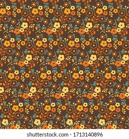 Vintage Retro Ditsy Daisy and Foliage Seamless Repeat Wallpaper Tile - Retro 60's/70's Inspired Palette - Seventies - Hippie Brown, Orange, Green and Yellow - Dark Background