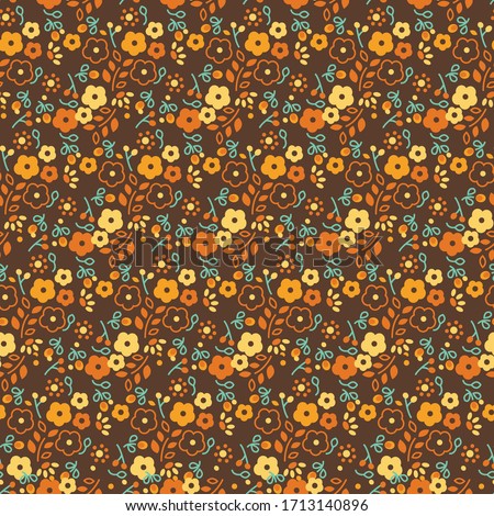 Vintage Retro Ditsy Daisy and Foliage Seamless Repeat Wallpaper Tile - Retro 60's/70's Inspired Palette - Seventies - Hippie Brown, Orange, Green and Yellow - Dark Background