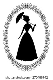 Vintage retro drawing with silhouette of rococo lady with umbrella in fine oval lace frame. Decoration for ball invitation or greeting.
