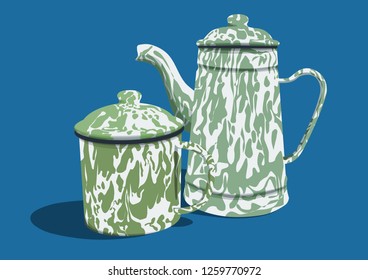 Vintage retro drink set vector graphics flat design. old and traditional tea or coffee set