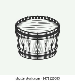 Vintage retro drum in line woodcut style. Handdrawn style.  Line woodcut style. Monochrome Graphic Art. Vector Illustration. Can be used for logo, badge or emblem design.