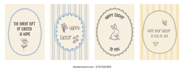 Vintage retro Easter greeting cards with quotes, bunny, flowers and scalloped frames. Hand drawn whimsical vertical banner design with pastel floral elements for holiday cards, nursery art, stationery
