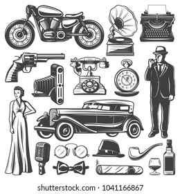 Vintage-Retro-Elemente Set mit Gentleman Pistol-Kamera Auto-Motorrad Grammophon Schreibmaschine Uhren Telefon Mikrofon, cigaro Whiskey einzelne Vektorgrafik