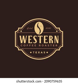 Vintage retro emblem badge western coffee logo vector, coffee roaster logo on brown on dark background