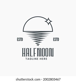 Logo de la etiqueta retro emblemática vintage, diseño del logo del paisaje lunar desde el mar y las estrellas en estilo de arte de línea simple