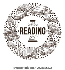 Vintage or retro emblem or label, reading club and hobby for pastime leisure. Isolated monochrome sketch with textbooks and pages, feather and ink, antique writing. Vector in flat style illustration