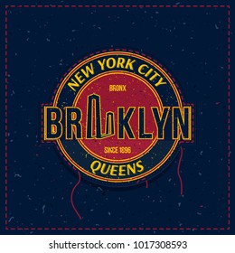 Vintage retro emblem with an old-style texture as a patch for clothes. The city of New York and the Brooklyn Bridge.
