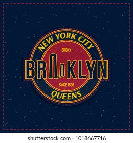 Vintage retro emblem with an old-style texture as a patch for clothes. The city of New York and the Brooklyn Bridge.