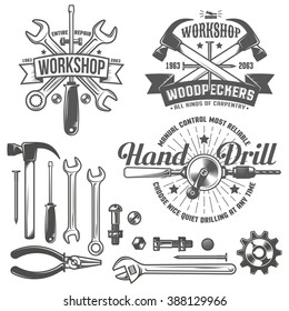 Vintage, retro emblem repair workshop and tool shop. Working tools. Text on a separate layer - easy to replace.