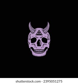 Vintage Retro Engraving Horned Skull with Triangle Eye or Illuminati for Tattoo Design Illustration Vector