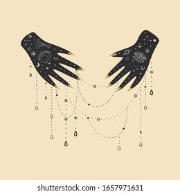 Vintage retro engraving style magic hand. spiritualistic session, witch's palm, cult of space and magic. Vector graphics