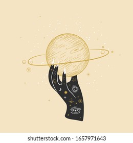 Vintage retro engraving style magic hand. spiritualistic session, witch's palm, cult of space and magic. Vector graphics