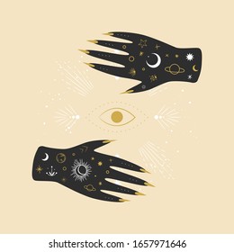 Vintage retro engraving style magic hand. spiritualistic session, witch's palm, cult of space and magic. Vector graphics