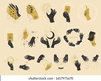 Vintage retro engraving style magic hand. spiritualistic session, witch's palm, cult of space and magic. Vector graphics