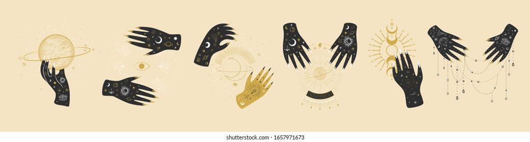 Vintage retro engraving style magic hand. spiritualistic session, witch's palm, cult of space and magic. Vector graphics