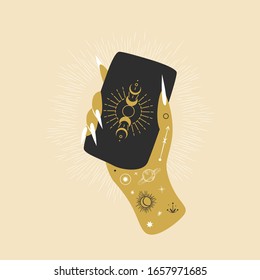 Vintage retro engraving style magic hand. spiritualistic session, witch's palm, cult of space and magic. Vector graphics