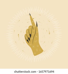 Vintage retro engraving style magic hand. spiritualistic session, witch's palm, cult of space and magic. Vector graphics