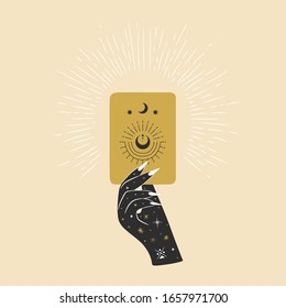 Vintage retro engraving style magic hand. spiritualistic session, witch's palm, cult of space and magic. Vector graphics