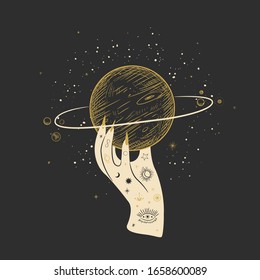 Vintage retro engraving style magic hand. spiritualistic session, witch's palm, cult of space and magic. Vector graphics