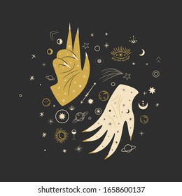 Vintage retro engraving style magic hand. spiritualistic session, witch's palm, cult of space and magic. Vector graphics