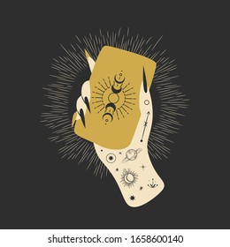 Vintage retro engraving style magic hand. spiritualistic session, witch's palm, cult of space and magic. Vector graphics