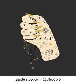 Vintage retro engraving style magic hand. spiritualistic session, witch's palm, cult of space and magic. Vector graphics