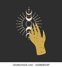 Vintage retro engraving style magic hand. spiritualistic session, witch's palm, cult of space and magic. Vector graphics