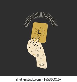 Vintage retro engraving style magic hand. spiritualistic session, witch's palm, cult of space and magic. Vector graphics