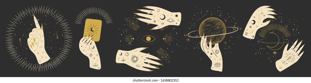 Vintage retro engraving style magic hand. spiritualistic session, witch's palm, cult of space and magic. Vector graphics